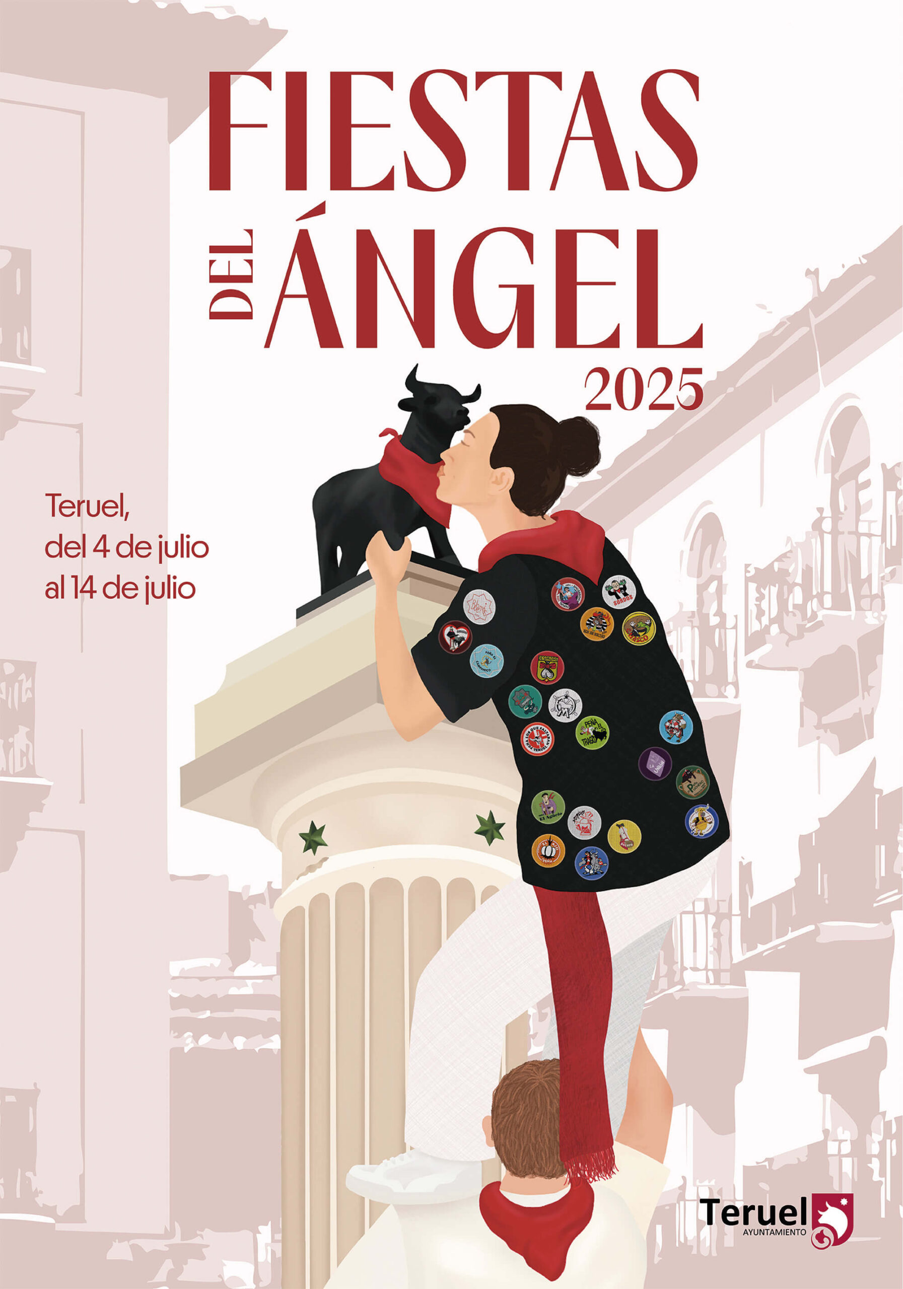 Cartel oficial de las Fiestas del Ángel 2025: una peñista besa al Torico, vestida de blanco con un pañuelo rojo y un chaleco con los escudos de las peñas.