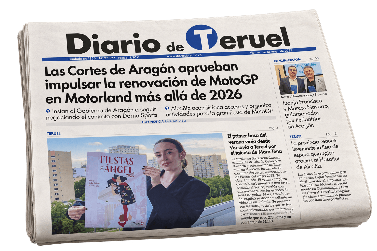 Portada del Diario de Teruel con la noticia del cartel ganador y una fotografía de su autora sosteniéndolo.